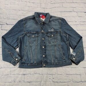 Old Navy Disney Denim Jacket Women XL Blue Mickey Mouse Oh Boy Flag Americana